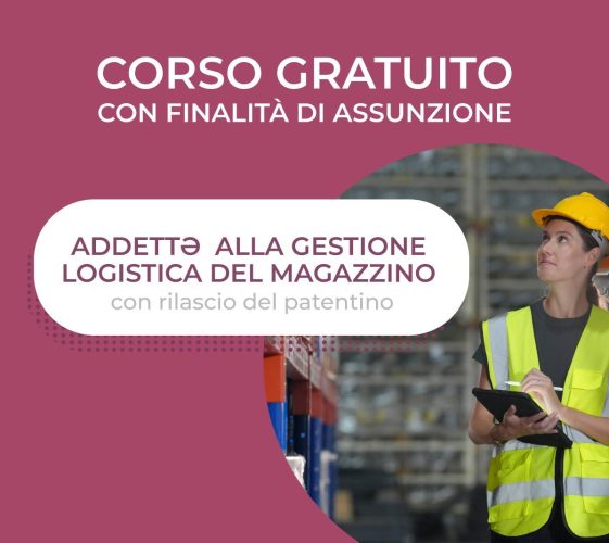 Immagine di copertina del corso online "ADDETTOA-ALLA-GESTIONE-LOGISTICA-DEL-MAGAZZINO". L'immagine mostra una persona di sesso femminile sui 30 o 40 anni anni che si muove all'interno di un capannone. In mano ha un tablet.